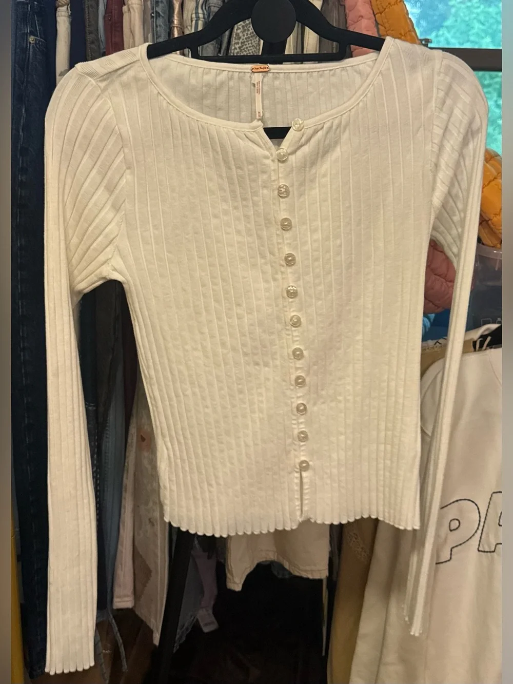 Free People Cream Ribbed Button-Front Long Sleeve Tee